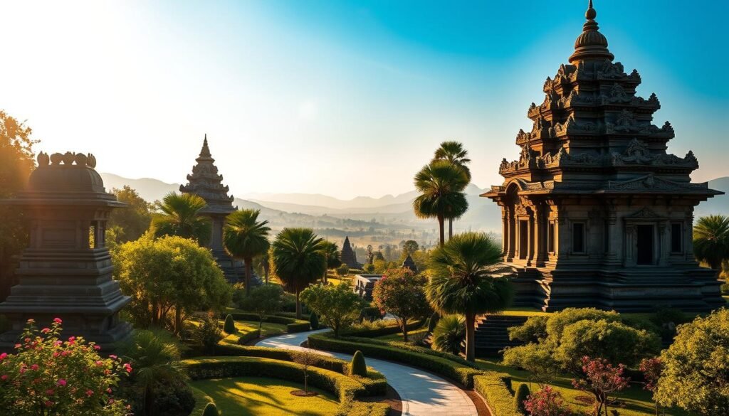 An ancient temple complex nestled in a lush, verdant landscape, bathed in warm, golden sunlight. Intricately carved stone facades, adorned with intricate details and ornate motifs, stand tall and proud, their timeless beauty evoking a sense of reverence and wonder. In the foreground, a winding path leads visitors through a serene garden, dotted with fragrant flowers and towering trees that cast gentle shadows. The middle ground showcases a grand, multi-tiered structure, its rooftops adorned with ornate, curved designs that seemingly reach towards the heavens. In the distance, rolling hills and a hazy, azure sky complete the picturesque scene, creating an atmosphere of tranquility and spiritual enlightenment.