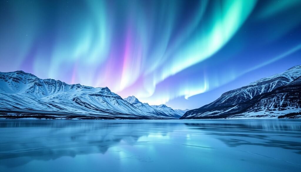 An awe-inspiring vista of the mesmerizing northern lights dancing across a serene, snow-capped landscape in Norway. In the foreground, a pristine frozen lake reflects the vibrant, shimmering hues of the aurora borealis, casting a magical glow over the scene. In the middle distance, majestic mountains rise, their peaks dusted with a fresh layer of powdery snow. The sky is alive with swirling, undulating curtains of green, purple, and blue light, created by the interaction of solar particles with the earth's magnetic field. The image is captured with a wide-angle lens, emphasizing the grandeur and vastness of the natural spectacle, while the cool tones and crisp, clean lines evoke the essence of a winter wonderland. An awe-inspiring vista of the mesmerizing northern lights dancing across a serene, snow-capped landscape in Norway. In the foreground, a pristine frozen lake reflects the vibrant, shimmering hues of the aurora borealis, casting a magical glow over the scene. In the middle distance, majestic mountains rise, their peaks dusted with a fresh layer of powdery snow. The sky is alive with swirling, undulating curtains of green, purple, and blue light, created by the interaction of solar particles with the earth's magnetic field. The image is captured with a wide-angle lens, emphasizing the grandeur and vastness of the natural spectacle, while the cool tones and crisp, clean lines evoke the essence of a winter wonderland.