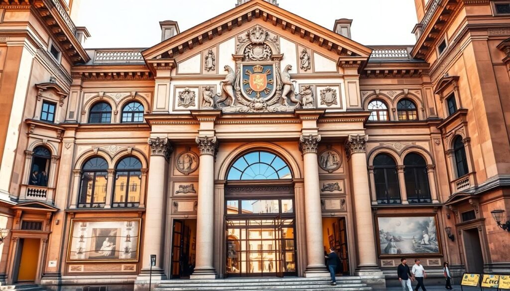 An elegant, sun-drenched facade of the Uffizi Gallery, a Renaissance masterpiece in the heart of Florence. The ornate arched windows and intricate stone carvings evoke the grandeur of the era, inviting visitors to step inside and immerse themselves in the treasures within. Warm, golden light filters in, casting a soft glow on the weathered walls and illuminating the iconic Medici coat of arms above the central entrance. Towering columns and frescoed loggias frame the magnificent structure, whose imposing presence commands attention on the bustling Piazza degli Uffizi. The scene exudes a sense of timeless artistic heritage, foreshadowing the artistic wonders that await within the gallery's hallowed halls. An elegant, sun-drenched facade of the Uffizi Gallery, a Renaissance masterpiece in the heart of Florence. The ornate arched windows and intricate stone carvings evoke the grandeur of the era, inviting visitors to step inside and immerse themselves in the treasures within. Warm, golden light filters in, casting a soft glow on the weathered walls and illuminating the iconic Medici coat of arms above the central entrance. Towering columns and frescoed loggias frame the magnificent structure, whose imposing presence commands attention on the bustling Piazza degli Uffizi. The scene exudes a sense of timeless artistic heritage, foreshadowing the artistic wonders that await within the gallery's hallowed halls.