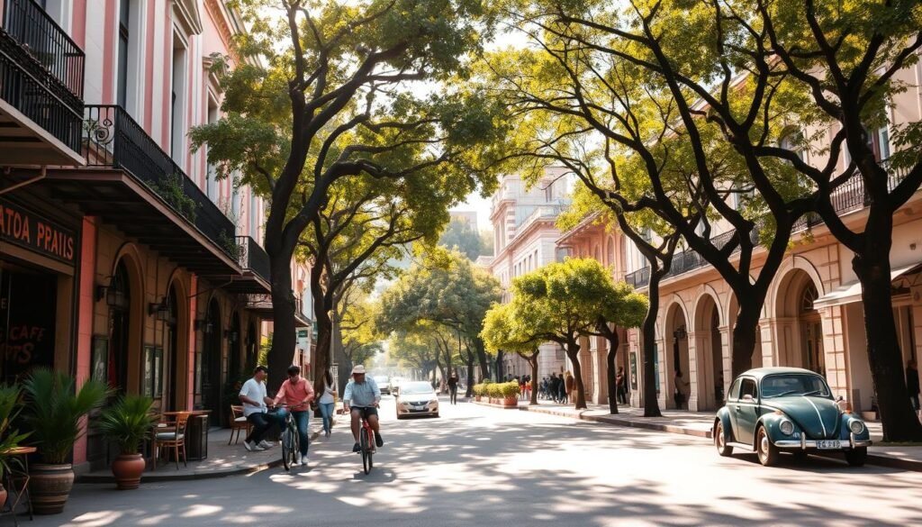 An elegant tree-lined street in the vibrant Mexico City neighborhood of Roma Norte, bathed in warm afternoon light. In the foreground, people stroll past charming cafes and boutiques, their facades adorned with potted plants and vibrant murals. Bicyclists cruise leisurely down the sidewalks, while a vintage Volkswagen Beetle adds a touch of classic Mexican flair. The middle ground reveals lush greenery, with tall palms and jacaranda trees swaying gently. In the background, the iconic architecture of the area comes into focus, a mix of Spanish colonial and modernist styles, creating a sophisticated yet laid-back ambiance. The overall scene exudes a sense of relaxed urban sophistication, inviting the viewer to explore the captivating culture and atmosphere of this enchanting Mexico City neighborhood. An elegant tree-lined street in the vibrant Mexico City neighborhood of Roma Norte, bathed in warm afternoon light. In the foreground, people stroll past charming cafes and boutiques, their facades adorned with potted plants and vibrant murals. Bicyclists cruise leisurely down the sidewalks, while a vintage Volkswagen Beetle adds a touch of classic Mexican flair. The middle ground reveals lush greenery, with tall palms and jacaranda trees swaying gently. In the background, the iconic architecture of the area comes into focus, a mix of Spanish colonial and modernist styles, creating a sophisticated yet laid-back ambiance. The overall scene exudes a sense of relaxed urban sophistication, inviting the viewer to explore the captivating culture and atmosphere of this enchanting Mexico City neighborhood.
