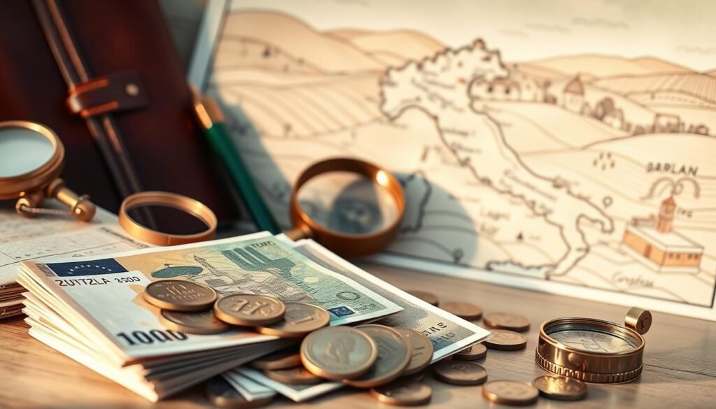 An elegantly composed tableau depicting the various financial considerations for an Italian vacation. In the foreground, a stack of Euro bills and coins, their metallic luster reflecting the soft, warm lighting. Arrayed around them, travel-related objects - a leather-bound journal, a vintage magnifying glass, a brass compass - hinting at the careful planning required. In the middle ground, a stylized, hand-drawn map of Italy, its regions and cities delicately rendered. The background features a dreamy, painterly landscape, rolling hills dotted with ancient olive groves and medieval villages, evoking the picturesque destinations awaiting the traveler. An atmosphere of quiet contemplation and strategic foresight pervades the scene. An elegantly composed tableau depicting the various financial considerations for an Italian vacation. In the foreground, a stack of Euro bills and coins, their metallic luster reflecting the soft, warm lighting. Arrayed around them, travel-related objects - a leather-bound journal, a vintage magnifying glass, a brass compass - hinting at the careful planning required. In the middle ground, a stylized, hand-drawn map of Italy, its regions and cities delicately rendered. The background features a dreamy, painterly landscape, rolling hills dotted with ancient olive groves and medieval villages, evoking the picturesque destinations awaiting the traveler. An atmosphere of quiet contemplation and strategic foresight pervades the scene.