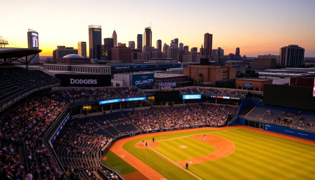 An evening view of the Oklahoma City Dodgers' baseball stadium, with the iconic downtown skyline and glowing sunset in the background. The ballpark's façade is illuminated by warm, golden lights, casting a vibrant glow across the scene. Fans are gathered in the stands, eagerly awaiting the start of the game, as the crisp, energetic atmosphere permeates the air. The players can be seen taking the field, ready to showcase their skills and provide an unforgettable experience for the passionate crowd. The image captures the essence of a thrilling ballpark night, where the excitement of America's pastime meets the dynamic spirit of the city.