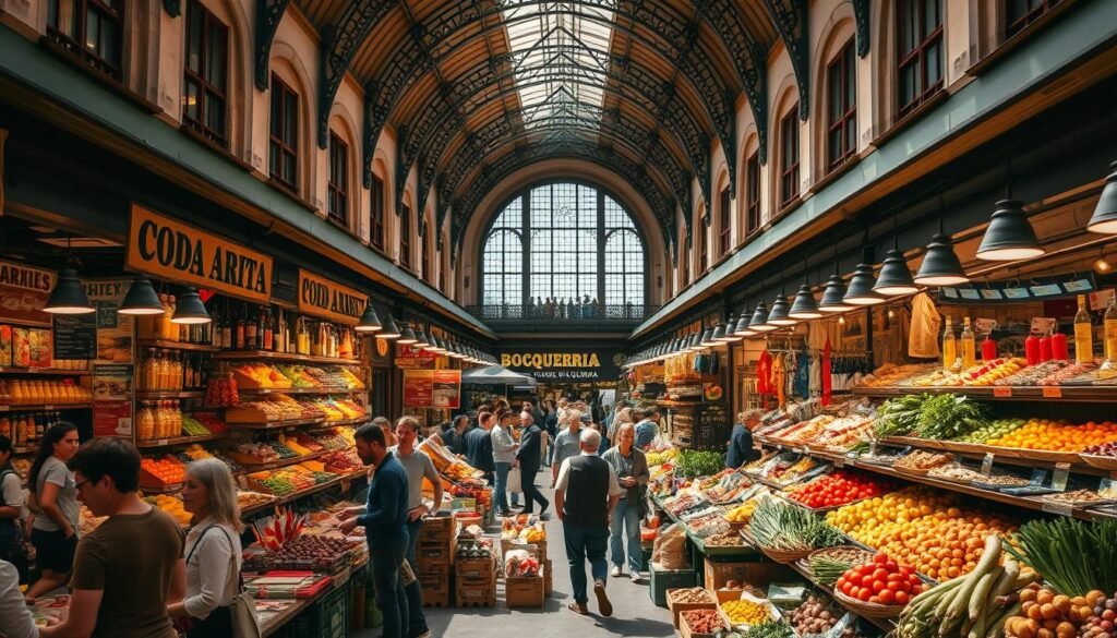 An expansive, bustling market in the heart of Barcelona, teeming with vibrant stalls, overflowing with fresh produce, spices, and artisanal goods. Sunlight filters through the iconic iron-framed archways, casting a warm, inviting glow over the lively scene. In the foreground, vendors call out to passersby, offering a tantalizing array of local delicacies and regional specialties. The middle ground is a maze of narrow aisles, where shoppers weave between stalls, their baskets brimming with seasonal fruits, fragrant herbs, and freshly baked breads. In the background, the historic architecture of the Boqueria market hall serves as a stunning backdrop, its ornate details and timeless elegance adding to the timeless, authentic atmosphere. An immersive, sensory experience that captures the essence of Barcelona's vibrant food culture.