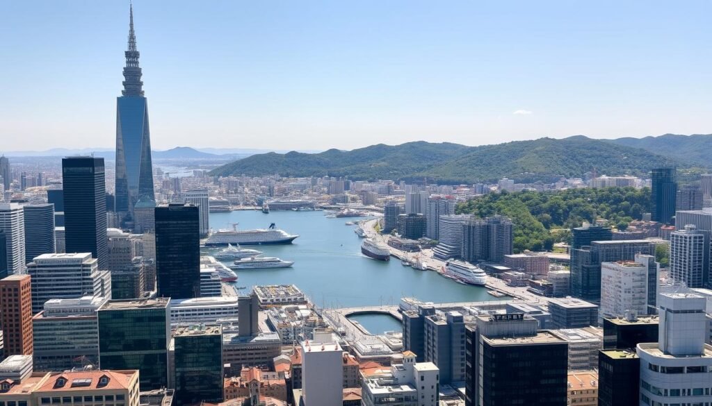 An expansive cityscape of Yokohama, Japan, on a clear day. In the foreground, the iconic Landmark Tower and other modern skyscrapers rise up, their glass facades glittering in the warm sunlight. In the middle ground, a bustling harbor filled with ships and ferries, with the historic Yokohama Red Brick Warehouse district visible along the waterfront. In the background, the lush, rolling hills of Yamato Plateau provide a scenic backdrop, dotted with trees and traditional Japanese architecture. The scene is captured with a wide-angle lens, emphasizing the grand scale and dynamic energy of this vibrant port city. An atmosphere of cultural fusion and urban modernity pervades the image, inviting the viewer to explore Yokohama's unique blend of tradition and progress.