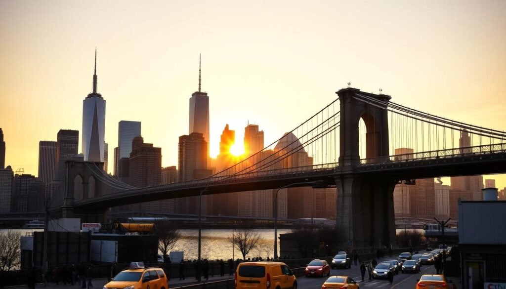 An iconic New York City skyline at golden hour, with the towering spires of the Empire State Building, Chrysler Building, and One World Trade Center silhouetted against a warm, glowing sky. In the foreground, the graceful curves of the Brooklyn Bridge span the East River, its cables and supports casting dramatic shadows. The streets below teem with bustling pedestrians and iconic yellow cabs, capturing the energy and vibrancy of the city. The overall scene exudes a sense of timeless grandeur and the irresistible allure of the world's most famous urban landscape. An iconic New York City skyline at golden hour, with the towering spires of the Empire State Building, Chrysler Building, and One World Trade Center silhouetted against a warm, glowing sky. In the foreground, the graceful curves of the Brooklyn Bridge span the East River, its cables and supports casting dramatic shadows. The streets below teem with bustling pedestrians and iconic yellow cabs, capturing the energy and vibrancy of the city. The overall scene exudes a sense of timeless grandeur and the irresistible allure of the world's most famous urban landscape.