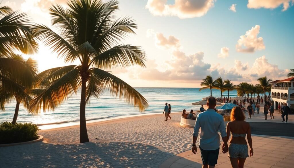An idyllic Caribbean paradise bathed in golden sunlight, with swaying palm trees, turquoise waters, and a pristine white-sand beach. In the foreground, a couple strolls hand-in-hand, their silhouettes capturing the carefree spirit of Aruba. The middle ground features a vibrant seaside promenade, bustling with locals and visitors savoring the island's renowned hospitality. In the distance, a dramatic sunset paints the sky in warm hues, creating a breathtaking backdrop that embodies the perfect time to experience Aruba's natural beauty and cultural charms. An idyllic Caribbean paradise bathed in golden sunlight, with swaying palm trees, turquoise waters, and a pristine white-sand beach. In the foreground, a couple strolls hand-in-hand, their silhouettes capturing the carefree spirit of Aruba. The middle ground features a vibrant seaside promenade, bustling with locals and visitors savoring the island's renowned hospitality. In the distance, a dramatic sunset paints the sky in warm hues, creating a breathtaking backdrop that embodies the perfect time to experience Aruba's natural beauty and cultural charms.