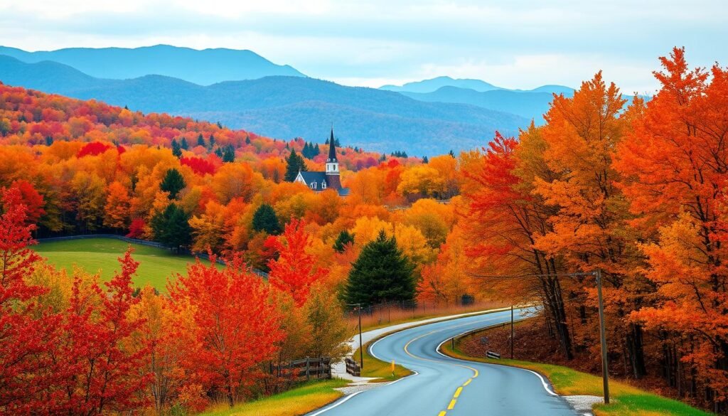 An idyllic New England countryside landscape in late September, with vibrant fall foliage lining a winding, tree-shaded country road. The foreground features a picturesque vista of rolling hills dotted with clusters of maple, oak, and birch trees, their leaves ablaze in a symphony of fiery reds, brilliant oranges, and golden yellows. In the middle ground, the road curves gracefully, leading the eye towards a quaint New England village nestled between the hills, its historic buildings and church steeples peeking out from the autumnal splendor. The background is dominated by a hazy, blue-tinged mountain range, their peaks gently rising against a soft, overcast sky. The overall scene exudes a sense of tranquility and timeless charm, capturing the quintessential essence of a New England fall foliage road trip. An idyllic New England countryside landscape in late September, with vibrant fall foliage lining a winding, tree-shaded country road. The foreground features a picturesque vista of rolling hills dotted with clusters of maple, oak, and birch trees, their leaves ablaze in a symphony of fiery reds, brilliant oranges, and golden yellows. In the middle ground, the road curves gracefully, leading the eye towards a quaint New England village nestled between the hills, its historic buildings and church steeples peeking out from the autumnal splendor. The background is dominated by a hazy, blue-tinged mountain range, their peaks gently rising against a soft, overcast sky. The overall scene exudes a sense of tranquility and timeless charm, capturing the quintessential essence of a New England fall foliage road trip.