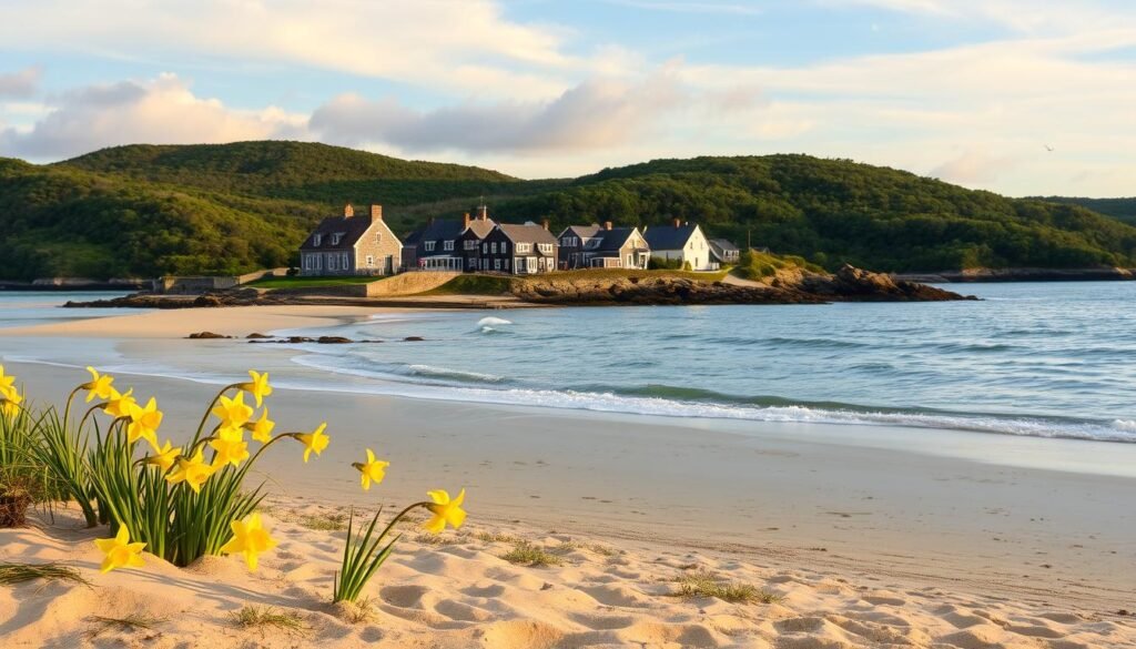 An idyllic island in the Atlantic, surrounded by gently lapping waves. In the foreground, a sandy beach dotted with blooming daffodils, their vibrant yellow petals swaying in the soft breeze. The middle ground features a quaint village, its weathered gray-shingled buildings and narrow cobblestone streets evoking a timeless New England charm. In the background, rolling hills covered in verdant foliage rise up, creating a serene and picturesque landscape. The scene is bathed in a warm, golden glow, as if illuminated by the gentle rays of the sun peeking through wispy clouds. A classic coastal scene captured in the tranquil shoulder season, inviting the viewer to imagine the peace and quiet of Nantucket's beaches.