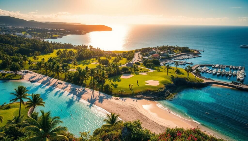 An idyllic island paradise, a verdant landscape dotted with pristine beaches, crystalline waters, and vibrant flora. In the foreground, a sun-drenched beach with swaying palm trees and beachgoers enjoying various activities - swimming, kayaking, and beach volleyball. In the middle ground, a lush golf course with immaculate fairways and well-manicured greens, with golfers teeing off. In the background, a scenic coastal road winds along the shoreline, leading to a picturesque harbor bustling with boats and yachts. Overhead, a bright, warm sun casts a golden glow, creating a serene and inviting atmosphere. Capture the essence of the island's diverse seasonal activities - from the tranquil beach days to the thrill of whale watching and the challenge of the golf course. An idyllic island paradise, a verdant landscape dotted with pristine beaches, crystalline waters, and vibrant flora. In the foreground, a sun-drenched beach with swaying palm trees and beachgoers enjoying various activities - swimming, kayaking, and beach volleyball. In the middle ground, a lush golf course with immaculate fairways and well-manicured greens, with golfers teeing off. In the background, a scenic coastal road winds along the shoreline, leading to a picturesque harbor bustling with boats and yachts. Overhead, a bright, warm sun casts a golden glow, creating a serene and inviting atmosphere. Capture the essence of the island's diverse seasonal activities - from the tranquil beach days to the thrill of whale watching and the challenge of the golf course.