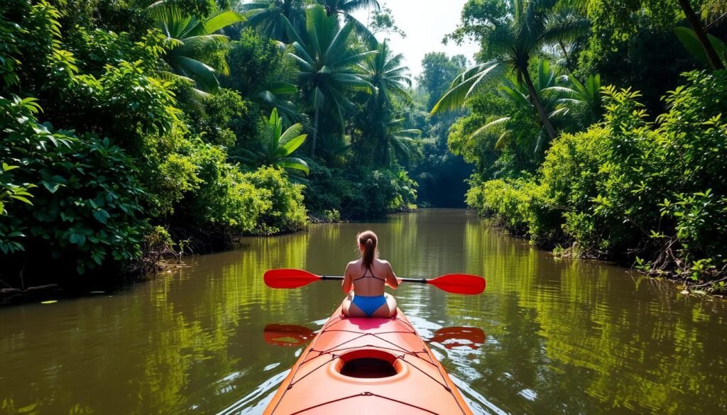 An idyllic kayak trip through the winding canals of Tortuguero National Park, Costa Rica. Lush, verdant rainforest lines the banks, with sunlight filtering through the dense foliage. A lone kayaker paddles silently, weaving between the mangrove-covered islands, searching for wildlife like sloths, monkeys, and nesting sea turtles. The air is thick with the sounds of birdsong and the gentle lapping of water against the kayak. The scene evokes a sense of tranquility and wonder, capturing the essence of this unique, protected ecosystem. An idyllic kayak trip through the winding canals of Tortuguero National Park, Costa Rica. Lush, verdant rainforest lines the banks, with sunlight filtering through the dense foliage. A lone kayaker paddles silently, weaving between the mangrove-covered islands, searching for wildlife like sloths, monkeys, and nesting sea turtles. The air is thick with the sounds of birdsong and the gentle lapping of water against the kayak. The scene evokes a sense of tranquility and wonder, capturing the essence of this unique, protected ecosystem.