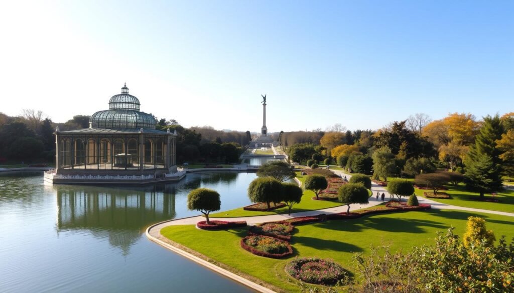 An idyllic scene of Retiro Park in Madrid, showcasing its tranquil lakes, lush gardens, and iconic landmarks. In the foreground, a serene pond reflects the elegant wrought-iron Palacio de Cristal, its glass and metal structure gleaming in the warm afternoon sunlight. The middle ground features verdant pathways winding through manicured flower beds and shady tree groves, inviting visitors to stroll and immerse themselves in the park's natural beauty. In the distance, the towering monument of the Fallen Angel statue rises, a dramatic focal point against the clear blue sky. Soft, diffused lighting casts a warm, inviting glow over the entire scene, capturing the park's serene and restorative ambiance.