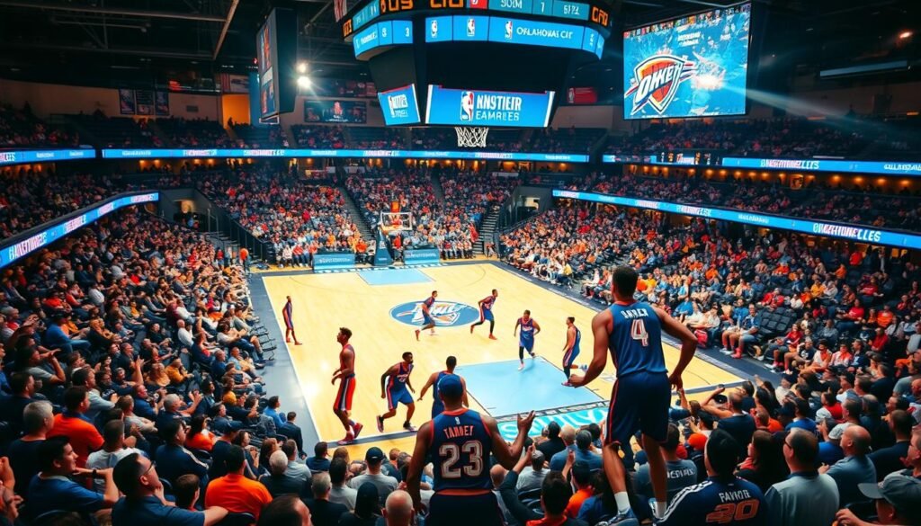 An indoor sports arena with bright, energetic lighting and a lively crowd. In the foreground, players in the Oklahoma City Thunder's navy blue and orange uniforms are engaged in an intense basketball game, their movements captured with dynamic clarity. The middle ground features the court surrounded by rows of cheering spectators, their faces alight with excitement. In the background, the arena's modern architecture and sleek design elements create a sense of urban sophistication. Warm, saturated tones and crisp, high-contrast details convey the electric atmosphere of a thrilling OKC Thunder game day experience.