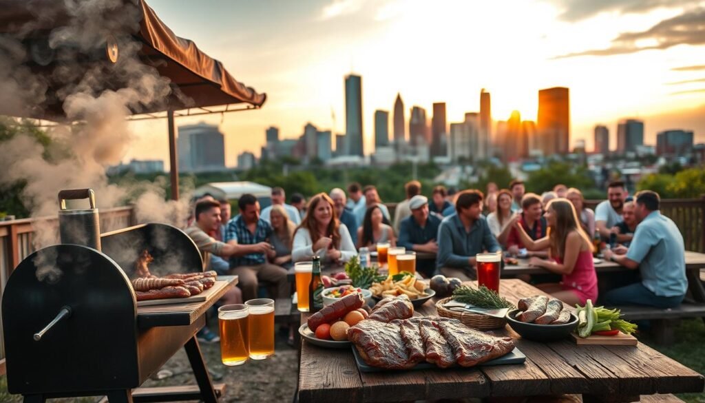 An inviting outdoor BBQ scene with a rustic dining setup in the foreground. A large smoker billows aromatic smoke, surrounded by a wooden picnic table laden with succulent meats, fresh vegetables, and craft beers. In the middle ground, a lively crowd of friends and families enjoying a laidback feast, their laughter and conversation filling the air. The background features the iconic skyline of downtown Kansas City, bathed in the warm glow of a setting sun. The overall mood is one of convivial celebration, capturing the essence of Kansas City's vibrant food culture and the irresistible allure of its renowned BBQ tradition. An inviting outdoor BBQ scene with a rustic dining setup in the foreground. A large smoker billows aromatic smoke, surrounded by a wooden picnic table laden with succulent meats, fresh vegetables, and craft beers. In the middle ground, a lively crowd of friends and families enjoying a laidback feast, their laughter and conversation filling the air. The background features the iconic skyline of downtown Kansas City, bathed in the warm glow of a setting sun. The overall mood is one of convivial celebration, capturing the essence of Kansas City's vibrant food culture and the irresistible allure of its renowned BBQ tradition.