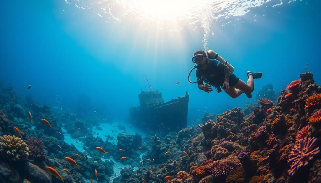 An underwater paradise, a vibrant seascape teeming with life. Capture a scuba diver in the foreground, gracefully maneuvering through a kaleidoscope of colorful coral reefs and schools of tropical fish. Mid-ground, a sunken shipwreck sits, its rusted hull providing a captivating backdrop. In the distance, shafts of sunlight pierce the crystalline waters, illuminating the scene with a warm, golden glow. Emphasize the sense of wonder and exploration, as the diver discovers the secrets of the deep. Utilize a wide-angle lens to convey the expansive scale of the underwater world, creating a sense of immersion and awe. Invoke a mood of tranquility and adventure, inviting the viewer to embark on their own oceanic odyssey. An underwater paradise, a vibrant seascape teeming with life. Capture a scuba diver in the foreground, gracefully maneuvering through a kaleidoscope of colorful coral reefs and schools of tropical fish. Mid-ground, a sunken shipwreck sits, its rusted hull providing a captivating backdrop. In the distance, shafts of sunlight pierce the crystalline waters, illuminating the scene with a warm, golden glow. Emphasize the sense of wonder and exploration, as the diver discovers the secrets of the deep. Utilize a wide-angle lens to convey the expansive scale of the underwater world, creating a sense of immersion and awe. Invoke a mood of tranquility and adventure, inviting the viewer to embark on their own oceanic odyssey.