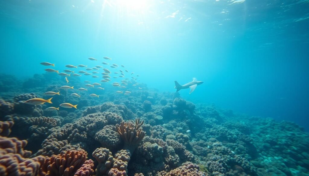An underwater scene showcasing crystal-clear diving visibility in the Maldives. Bright sunlight filters through the turquoise waters, illuminating a lush coral reef teeming with vibrant marine life. In the foreground, a school of tropical fish dart between the intricate coral formations, their scales shimmering. The mid-depth is filled with a diverse array of sea creatures, including graceful manta rays and inquisitive sea turtles. The background fades into the distant blue hues of the open ocean, conveying the vastness and clarity of the underwater environment. The overall scene captures the exceptional visibility that makes the Maldives a premier destination for scuba diving and snorkeling enthusiasts. An underwater scene showcasing crystal-clear diving visibility in the Maldives. Bright sunlight filters through the turquoise waters, illuminating a lush coral reef teeming with vibrant marine life. In the foreground, a school of tropical fish dart between the intricate coral formations, their scales shimmering. The mid-depth is filled with a diverse array of sea creatures, including graceful manta rays and inquisitive sea turtles. The background fades into the distant blue hues of the open ocean, conveying the vastness and clarity of the underwater environment. The overall scene captures the exceptional visibility that makes the Maldives a premier destination for scuba diving and snorkeling enthusiasts.