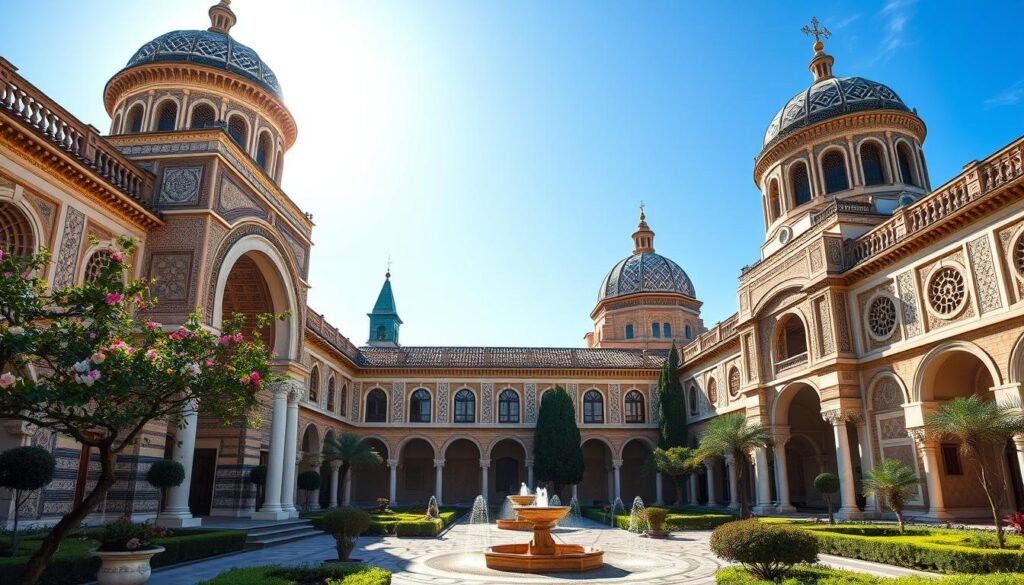 Andalusian palaces, resplendent with ornate Moorish architecture, rise against a backdrop of azure skies. Manicured gardens, adorned with fountains and fragrant blossoms, frame the stunning façades. Sunlight dances across intricate mosaics and delicate arched entryways, casting warm shadows across the tranquil courtyards. Ornate columns support grand domes, their geometric patterns mesmerizing the eye. Graceful archways lead to intimate, shaded alcoves, hinting at the rich cultural heritage within. A sense of timeless elegance and opulence pervades the scene, inviting the viewer to step into this enchanting Andalusian oasis.