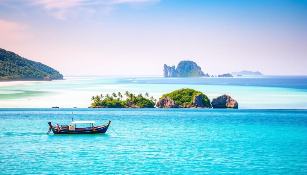 Andaman Sea, a vibrant expanse of turquoise waters lapping against pristine white-sand beaches, framed by verdant, jungle-clad hills. In the foreground, a picturesque fishing boat bobs gently on the calm surface, its vibrant hues mirrored in the still waters. The middle ground features a series of small, idyllic islands, their palm-fringed shores and rugged, rocky outcroppings creating a captivating landscape. In the distance, the horizon is bathed in warm, golden light, casting a serene, dreamy glow over the entire scene. The atmosphere is one of tranquility and natural beauty, perfectly capturing the essence of Thailand's Andaman coast.