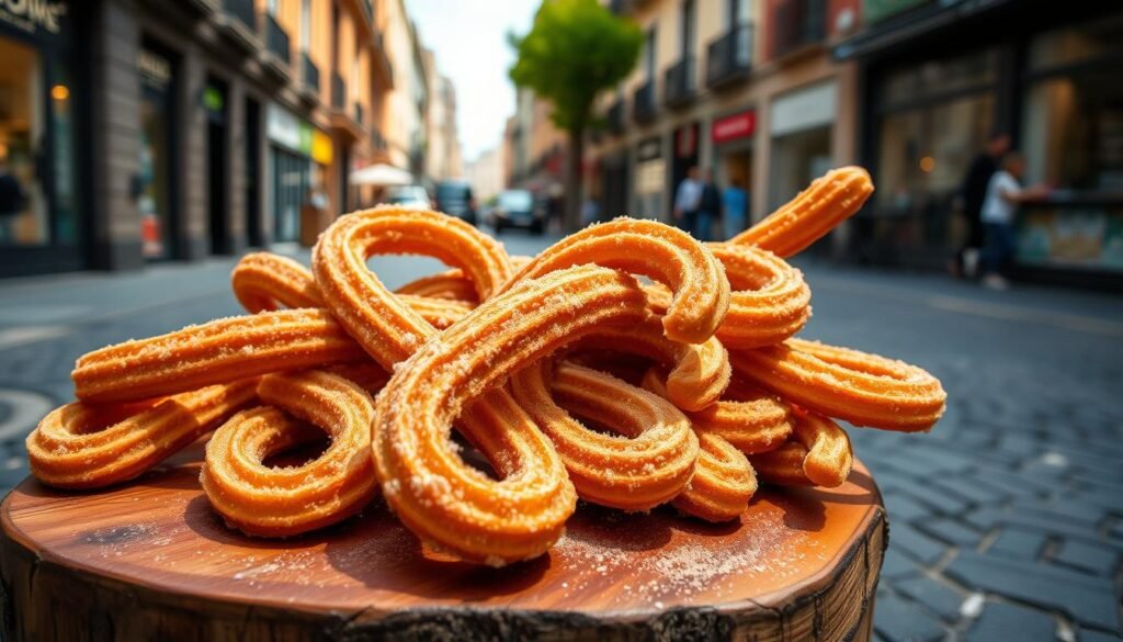 Appetizing churros, freshly fried and golden, dusted with a generous coating of cinnamon sugar. Presented on a rustic wooden board, the churros are arranged in a visually appealing manner, casting soft shadows and reflecting the warm, natural lighting. In the background, a vibrant city streetscape with cobblestone pavement and colorful buildings sets the scene, hinting at the bustling energy of Madrid. The overall atmosphere is inviting, evoking the comforting and indulgent experience of savoring these iconic Spanish pastries.