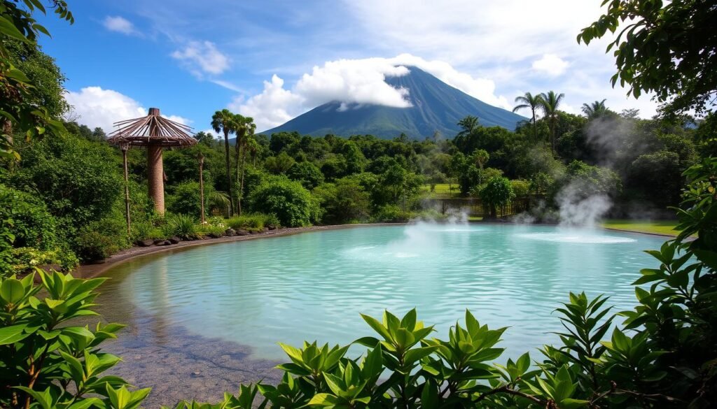Arenal volcano looming majestically in the background, its slopes shrouded in a veil of mist. In the foreground, a serene natural hot spring, its crystal-clear turquoise waters gently steaming, inviting visitors to immerse themselves in the soothing embrace of the earth's geothermal energy. Lush, verdant foliage surrounds the tranquil scene, creating a harmonious interplay of light and shadow. The composition is captured through a wide-angle lens, providing a panoramic view that captures the grandeur and beauty of this captivating location in the heart of Costa Rica's Arenal region.