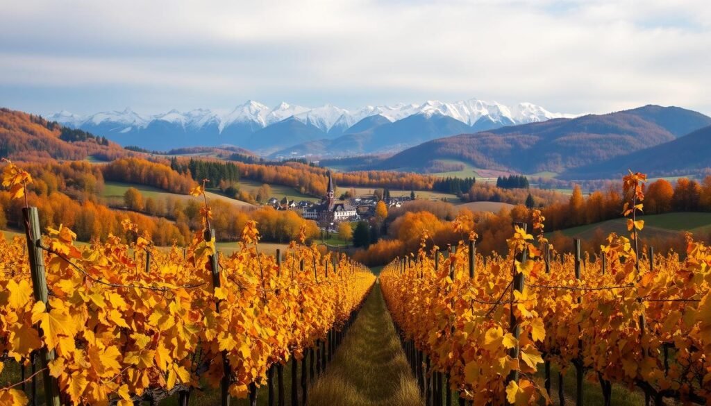 Autumn vineyards in Switzerland, a panoramic vista of rolling hills adorned with vibrant hues of gold, amber, and crimson. In the foreground, rows of grapevines sway gently in the crisp breeze, their leaves dappled with the warm glow of the afternoon sun. The middle ground reveals a quaint village, its charming buildings and church steeple nestled amidst the natural beauty. In the distance, the majestic Alps rise majestically, their snow-capped peaks providing a breathtaking backdrop. The scene is bathed in a soft, diffused light, creating a serene and inviting atmosphere, perfect for an autumn visit to this enchanting region. Autumn vineyards in Switzerland, a panoramic vista of rolling hills adorned with vibrant hues of gold, amber, and crimson. In the foreground, rows of grapevines sway gently in the crisp breeze, their leaves dappled with the warm glow of the afternoon sun. The middle ground reveals a quaint village, its charming buildings and church steeple nestled amidst the natural beauty. In the distance, the majestic Alps rise majestically, their snow-capped peaks providing a breathtaking backdrop. The scene is bathed in a soft, diffused light, creating a serene and inviting atmosphere, perfect for an autumn visit to this enchanting region.