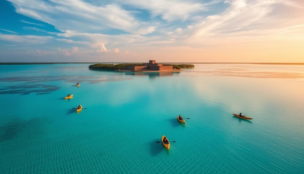 Bacalar lagoon waters, a stunning canvas of turquoise hues and dazzling clarity, captured in a sweeping aerial view. The shallow, mirror-like surface reflects the wispy clouds and lush, verdant shores, creating a captivating visual symphony. Kayaks and small boats drift languidly, their soft ripples tracing gentle paths across the water. In the distance, the iconic Fortress of San Felipe stands guard, its weathered walls a testament to the region's rich history. The warm, golden light of a Yucatan sunrise bathes the scene in a soft, ethereal glow, evoking a sense of tranquility and timelessness. This is Bacalar, the "Lagoon of Seven Colors," a natural wonder that beckons visitors to slow down, immerse themselves, and savor the beauty of Mexico's hidden gem.
