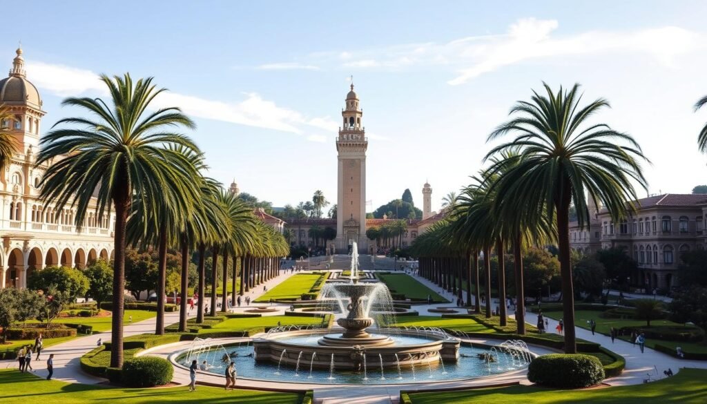 Balboa Park, a vibrant oasis in the heart of San Diego, bathed in warm California sunlight. Capture the grand Spanish Colonial Revival architecture of the iconic museums and cultural institutions, their ornate facades and intricate details reflected in the shimmering central fountain. In the lush, verdant gardens, towering palm trees sway gently, framing the scenic pathways where visitors stroll, taking in the serene atmosphere. In the middle ground, the iconic California Tower stands tall, its stately silhouette a testament to the park's timeless beauty. Across the expansive lawns, families and friends gather, enjoying the outdoor splendor, while a few wispy clouds drift overhead, completing the idyllic scene. Balboa Park, a vibrant oasis in the heart of San Diego, bathed in warm California sunlight. Capture the grand Spanish Colonial Revival architecture of the iconic museums and cultural institutions, their ornate facades and intricate details reflected in the shimmering central fountain. In the lush, verdant gardens, towering palm trees sway gently, framing the scenic pathways where visitors stroll, taking in the serene atmosphere. In the middle ground, the iconic California Tower stands tall, its stately silhouette a testament to the park's timeless beauty. Across the expansive lawns, families and friends gather, enjoying the outdoor splendor, while a few wispy clouds drift overhead, completing the idyllic scene.