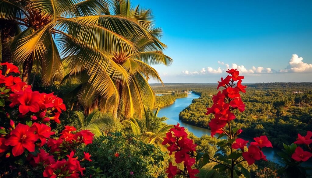 Belize in full seasonal glory: a lush tropical landscape bathed in warm, golden sunlight. In the foreground, vibrant flowers bloom in a riot of colors - crimson hibiscus, tangerine bougainvillea, and delicate orchids. Towering palm trees sway gently in the breeze, casting playful shadows across the scene. The middle ground features a meandering river, its azure waters glittering like gemstones. Beyond, verdant jungle canopies rise up to meet a cloudless azure sky, hinting at the diverse wildlife that thrives in this verdant paradise. The overall mood is one of tranquility, abundance, and the eternal dance between land, water, and sky that defines the enchanting "Belize season". Belize in full seasonal glory: a lush tropical landscape bathed in warm, golden sunlight. In the foreground, vibrant flowers bloom in a riot of colors - crimson hibiscus, tangerine bougainvillea, and delicate orchids. Towering palm trees sway gently in the breeze, casting playful shadows across the scene. The middle ground features a meandering river, its azure waters glittering like gemstones. Beyond, verdant jungle canopies rise up to meet a cloudless azure sky, hinting at the diverse wildlife that thrives in this verdant paradise. The overall mood is one of tranquility, abundance, and the eternal dance between land, water, and sky that defines the enchanting "Belize season".