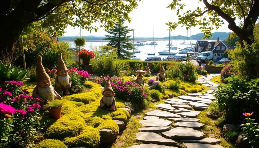 Boothbay Harbor garden trolls: whimsical, mischievous creatures with mossed skin and mushroom caps, nestled amongst the vibrant flowers and lush greenery of a coastal Maine botanical garden. Shafts of warm, golden light filter through the canopy, casting soft shadows on the weathered stone paths winding through the verdant landscape. In the distance, a glimpse of the picturesque harbor with its bobbing sailboats and quaint New England architecture. An enchanting, serene scene that captures the charm and natural beauty of Boothbay Harbor. Boothbay Harbor garden trolls: whimsical, mischievous creatures with mossed skin and mushroom caps, nestled amongst the vibrant flowers and lush greenery of a coastal Maine botanical garden. Shafts of warm, golden light filter through the canopy, casting soft shadows on the weathered stone paths winding through the verdant landscape. In the distance, a glimpse of the picturesque harbor with its bobbing sailboats and quaint New England architecture. An enchanting, serene scene that captures the charm and natural beauty of Boothbay Harbor.