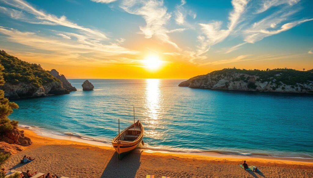 Breathtaking beaches of Greece in the warm glow of the setting sun. Pristine azure waters gently lapping against golden sand, framed by rugged cliffs and lush, verdant foliage. In the foreground, a picturesque fishing boat drifts lazily, its weathered wooden hull reflecting the vibrant colors of the sky. Clusters of sun-kissed beachgoers relax on plush towels, soaking in the tranquil atmosphere. Overhead, a dramatic, golden-hued sky with wispy clouds creates a cinematic, romantic ambiance. Capture the essence of Greece's seasonal allure through this serene, idyllic coastal scene. Breathtaking beaches of Greece in the warm glow of the setting sun. Pristine azure waters gently lapping against golden sand, framed by rugged cliffs and lush, verdant foliage. In the foreground, a picturesque fishing boat drifts lazily, its weathered wooden hull reflecting the vibrant colors of the sky. Clusters of sun-kissed beachgoers relax on plush towels, soaking in the tranquil atmosphere. Overhead, a dramatic, golden-hued sky with wispy clouds creates a cinematic, romantic ambiance. Capture the essence of Greece's seasonal allure through this serene, idyllic coastal scene.