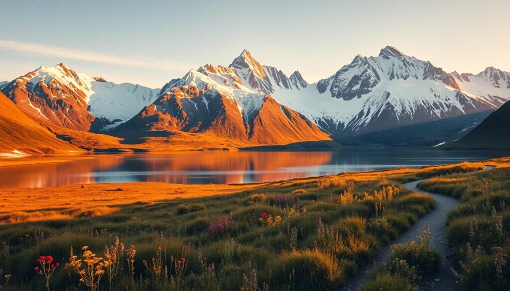 Breathtaking landscape of a majestic Alaskan national park, bathed in the soft, golden glow of a late summer evening. Rugged, snow-capped peaks rise majestically in the background, their jagged silhouettes reflected in a serene, mirror-like lake. In the foreground, a lush, verdant meadow dotted with vibrant wildflowers sways gently in the cool breeze. A winding hiking trail meanders through the scene, inviting the viewer to explore the park's untamed wilderness. Crisp, atmospheric lighting casts long shadows and creates a sense of depth and drama, capturing the awe-inspiring beauty of this pristine natural wonder. Breathtaking landscape of a majestic Alaskan national park, bathed in the soft, golden glow of a late summer evening. Rugged, snow-capped peaks rise majestically in the background, their jagged silhouettes reflected in a serene, mirror-like lake. In the foreground, a lush, verdant meadow dotted with vibrant wildflowers sways gently in the cool breeze. A winding hiking trail meanders through the scene, inviting the viewer to explore the park's untamed wilderness. Crisp, atmospheric lighting casts long shadows and creates a sense of depth and drama, capturing the awe-inspiring beauty of this pristine natural wonder.