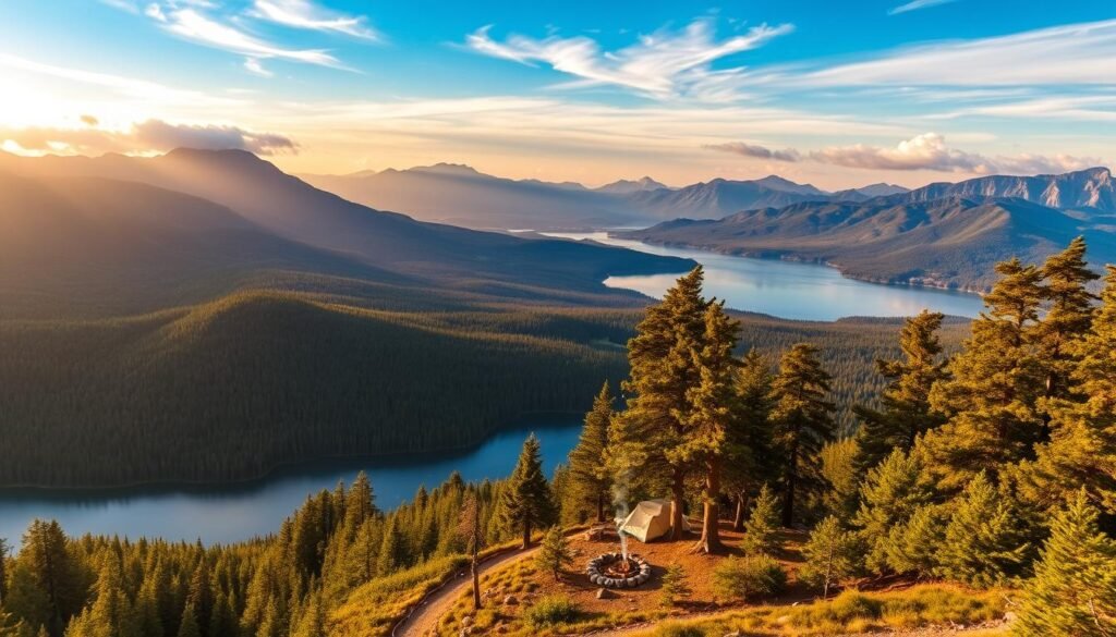 Breathtaking panoramic view of a majestic national park, with towering mountains in the distance and a tranquil lake in the foreground. Lush green forests cover the rolling hills, bathed in warm golden sunlight filtering through wispy clouds. A hiking trail winds through the serene landscape, inviting visitors to explore the great outdoors. In the middle ground, a picturesque campsite nestled among towering pine trees, campfire smoke drifting lazily upwards. The scene exudes a sense of adventure, natural beauty, and the peaceful harmony of humans coexisting with the wilderness. Breathtaking panoramic view of a majestic national park, with towering mountains in the distance and a tranquil lake in the foreground. Lush green forests cover the rolling hills, bathed in warm golden sunlight filtering through wispy clouds. A hiking trail winds through the serene landscape, inviting visitors to explore the great outdoors. In the middle ground, a picturesque campsite nestled among towering pine trees, campfire smoke drifting lazily upwards. The scene exudes a sense of adventure, natural beauty, and the peaceful harmony of humans coexisting with the wilderness.