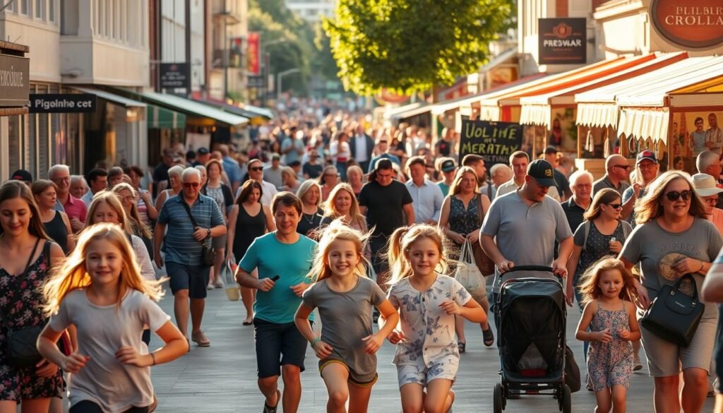 Bustling crowds of people navigating through a busy New Zealand street during the school holidays. Families with children, tourists, and locals mingle amidst the vibrant shops and cafes. The scene is bathed in warm, golden afternoon light, creating a lively and dynamic atmosphere. In the foreground, a group of school-aged kids playfully run past, their laughter and energy adding to the festive vibe. In the middle ground, parents push strollers and carry shopping bags, while in the background, vendors hawk their wares from colorful market stalls. The overall impression is one of a lively, thriving community, with the school holiday season bringing an influx of visitors and increased commercial activity. Bustling crowds of people navigating through a busy New Zealand street during the school holidays. Families with children, tourists, and locals mingle amidst the vibrant shops and cafes. The scene is bathed in warm, golden afternoon light, creating a lively and dynamic atmosphere. In the foreground, a group of school-aged kids playfully run past, their laughter and energy adding to the festive vibe. In the middle ground, parents push strollers and carry shopping bags, while in the background, vendors hawk their wares from colorful market stalls. The overall impression is one of a lively, thriving community, with the school holiday season bringing an influx of visitors and increased commercial activity.