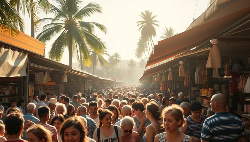 Bustling crowds swarming through a vibrant marketplace, stalls overflowing with colorful wares. Sunlight filters through canopies, casting a warm glow on the lively scene. In the background, the silhouettes of towering palm trees sway gently, hinting at the tropical climate. Shoppers haggle with vendors, their faces animated with the thrill of the hunt for the best deals. The air is thick with the scents of spices, sizzling foods, and the occasional waft of sea salt. An energetic, immersive atmosphere of a peak tourist season in a coastal town. Bustling crowds swarming through a vibrant marketplace, stalls overflowing with colorful wares. Sunlight filters through canopies, casting a warm glow on the lively scene. In the background, the silhouettes of towering palm trees sway gently, hinting at the tropical climate. Shoppers haggle with vendors, their faces animated with the thrill of the hunt for the best deals. The air is thick with the scents of spices, sizzling foods, and the occasional waft of sea salt. An energetic, immersive atmosphere of a peak tourist season in a coastal town.