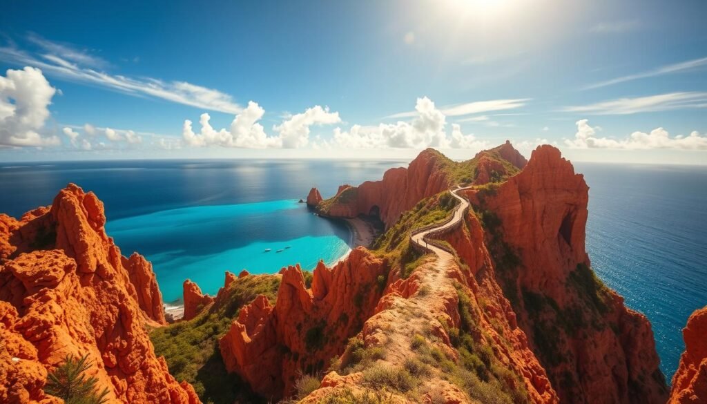 Cabo Rojo cliffs, their vibrant ochre hues contrasting against the azure Caribbean waters. In the foreground, the iconic rock formations jut out, their jagged edges sculpted by the relentless ocean tides. Winding paths lead visitors through the lush, verdant foliage, offering breathtaking vistas of the serene bioluminescent bay of La Parguera in the distance. Warm, golden sunlight filters through wispy clouds, casting a soft, ethereal glow over the entire scene. A wide-angle lens captures the grandeur and scale of this Southwest Puerto Rican gem, inviting the viewer to immerse themselves in its natural splendor. Cabo Rojo cliffs, their vibrant ochre hues contrasting against the azure Caribbean waters. In the foreground, the iconic rock formations jut out, their jagged edges sculpted by the relentless ocean tides. Winding paths lead visitors through the lush, verdant foliage, offering breathtaking vistas of the serene bioluminescent bay of La Parguera in the distance. Warm, golden sunlight filters through wispy clouds, casting a soft, ethereal glow over the entire scene. A wide-angle lens captures the grandeur and scale of this Southwest Puerto Rican gem, inviting the viewer to immerse themselves in its natural splendor.