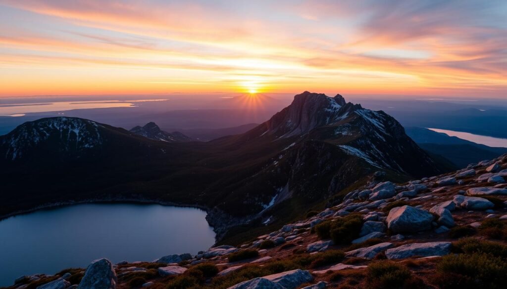 Cadillac Mountain at dawn, a golden sun peeking over the rocky horizon, its warm rays cascading across the rugged coastline of Acadia National Park. In the foreground, a serene alpine lake reflects the vibrant hues of the sky, while in the middle ground, the iconic granite peaks of Cadillac Mountain stand tall, their summits dusted with a light layer of snow. The scene is bathed in a soft, ethereal light, creating a sense of tranquility and natural wonder. The composition features a wide, panoramic angle, capturing the majestic scale of the landscape and the awe-inspiring beauty of this iconic Acadian vista.