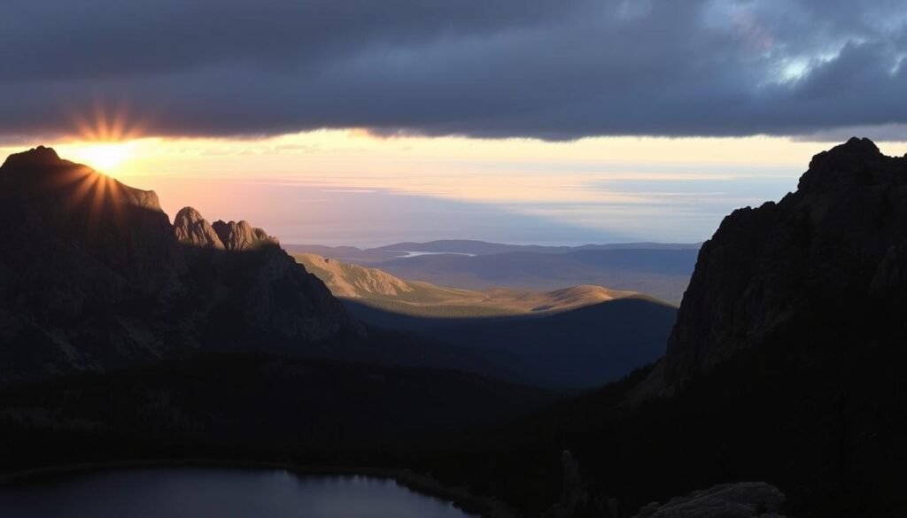 Cadillac Mountain sunrise: A majestic landscape where the first rays of the day illuminate the rugged granite peaks, casting a warm glow across the panoramic vistas of Acadia National Park. In the foreground, a serene lake reflects the dancing light, while in the distance, the deep blue hues of the Atlantic Ocean stretch out to the horizon. The scene is bathed in a soft, diffused light, creating a sense of tranquility and natural beauty. The composition emphasizes the dramatic elevation changes, with the towering mountain silhouettes framing the expansive view. This picturesque moment, captured at the golden hour, perfectly encapsulates the essence of Acadia's breathtaking natural splendor.
