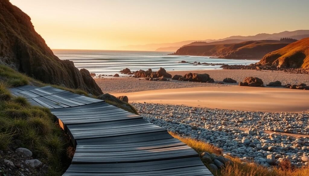 Cambria Moonstone Beach at golden hour, with a picturesque coastline of rugged cliffs, smooth moonstone stones, and gentle waves lapping the shore. In the foreground, a weathered wooden pathway leads visitors towards the beach, inviting them to explore the tranquil, natural setting. The middle ground features a panoramic vista of the Pacific Ocean, its azure waters reflecting the warm, golden hues of the setting sun. In the background, the silhouettes of rolling hills and distant mountains create a serene, majestic backdrop. The scene is bathed in a soft, ambient light, conveying a sense of peace and relaxation.