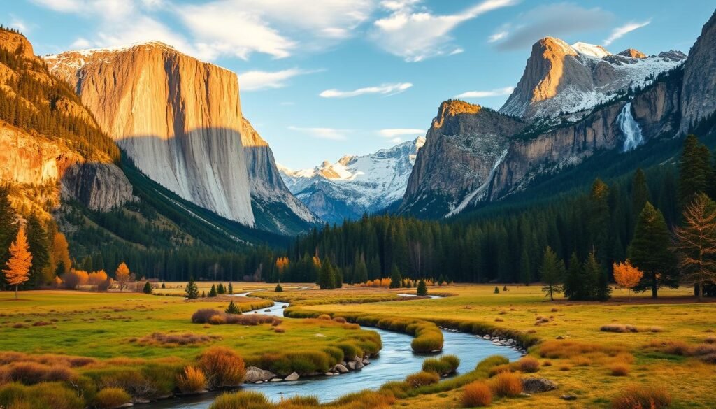 Captivating four-season landscape of Yosemite National Park. In the foreground, a winding river cuts through the lush meadows, with towering granite cliffs and cascading waterfalls in the middle ground. The background features snow-capped peaks bathed in warm, golden light. In spring, the park bursts with vibrant wildflowers; in summer, verdant forests and crystal-clear lakes; in autumn, the trees explode in a riot of color; in winter, a serene, snow-blanketed wonderland. A classic wide-angle lens captures the grandeur and scale of this iconic American landscape, inviting the viewer to experience the ever-changing beauty of Yosemite throughout the year. Captivating four-season landscape of Yosemite National Park. In the foreground, a winding river cuts through the lush meadows, with towering granite cliffs and cascading waterfalls in the middle ground. The background features snow-capped peaks bathed in warm, golden light. In spring, the park bursts with vibrant wildflowers; in summer, verdant forests and crystal-clear lakes; in autumn, the trees explode in a riot of color; in winter, a serene, snow-blanketed wonderland. A classic wide-angle lens captures the grandeur and scale of this iconic American landscape, inviting the viewer to experience the ever-changing beauty of Yosemite throughout the year.