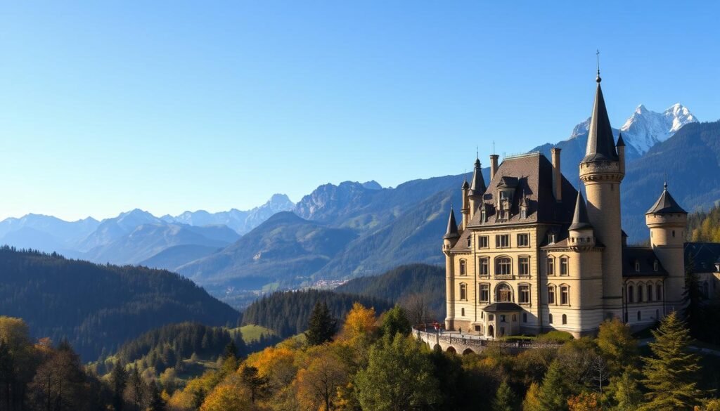 Castles and châteaus nestled amidst the rolling Swiss Alps, their turrets and towers piercing the crisp, azure sky. In the foreground, a picturesque château with ornate facades and intricate stonework, its windows reflecting the warm, golden light of the sun. The middle ground reveals lush, verdant forests blanketing the hillsides, while in the distance, the majestic peaks of the Swiss Alps stand tall, their snow-capped summits glittering like diamonds. The scene exudes a sense of timeless elegance and fairytale-like wonder, inviting the viewer to step into a realm of enchantment and splendor. Castles and châteaus nestled amidst the rolling Swiss Alps, their turrets and towers piercing the crisp, azure sky. In the foreground, a picturesque château with ornate facades and intricate stonework, its windows reflecting the warm, golden light of the sun. The middle ground reveals lush, verdant forests blanketing the hillsides, while in the distance, the majestic peaks of the Swiss Alps stand tall, their snow-capped summits glittering like diamonds. The scene exudes a sense of timeless elegance and fairytale-like wonder, inviting the viewer to step into a realm of enchantment and splendor.