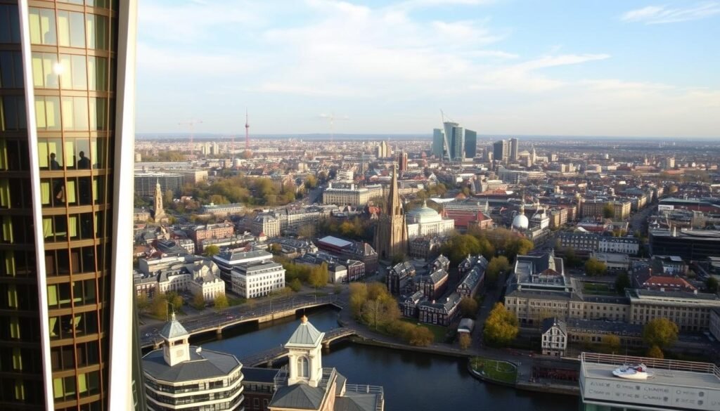 City view from A'DAM Lookout, a towering observation deck offering a panoramic vista of Amsterdam. The foreground features the iconic A'DAM Tower, a skyscraper with a sleek, modern design. In the middle ground, the historic city center unfolds, with its charming canal houses, bridges, and church spires. The background showcases the expansive skyline of Amsterdam, with its mix of contemporary and classical architecture, all bathed in the warm glow of the setting sun. The scene conveys a sense of awe and wonder, inviting the viewer to experience the city from a unique vantage point.