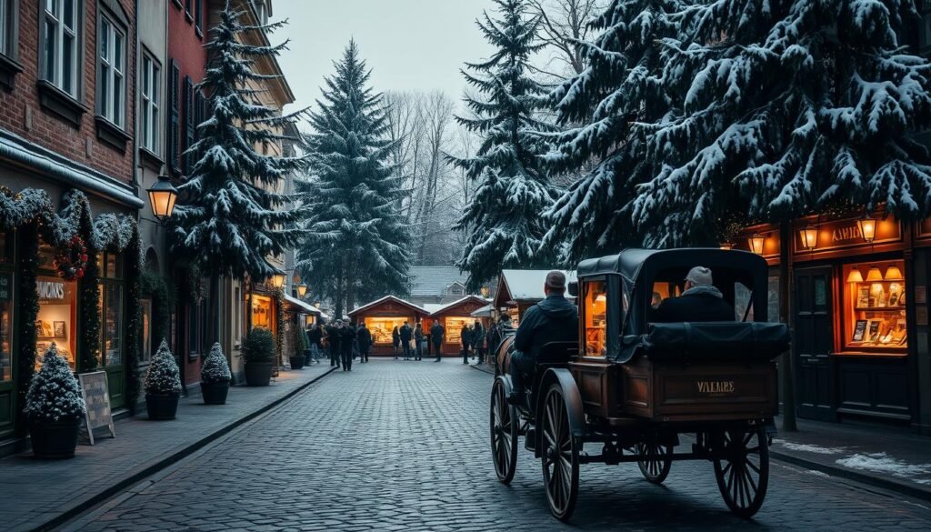 Cobblestone streets lined with quaint shops, their facades adorned with twinkling lights and festive garlands. In the center, a bustling Christmas market filled with wooden stalls, selling handcrafted gifts and steaming mugs of mulled wine. Tall, snow-dusted evergreens frame the scene, their branches casting long shadows in the soft, warm glow of lanterns and candles. The air is crisp, carrying the scent of cinnamon and the faint sound of carolers harmonizing in the distance. A horse-drawn carriage clip-clops by, its passengers bundled in cozy blankets, gazing out at the enchanting winter wonderland. Cobblestone streets lined with quaint shops, their facades adorned with twinkling lights and festive garlands. In the center, a bustling Christmas market filled with wooden stalls, selling handcrafted gifts and steaming mugs of mulled wine. Tall, snow-dusted evergreens frame the scene, their branches casting long shadows in the soft, warm glow of lanterns and candles. The air is crisp, carrying the scent of cinnamon and the faint sound of carolers harmonizing in the distance. A horse-drawn carriage clip-clops by, its passengers bundled in cozy blankets, gazing out at the enchanting winter wonderland.