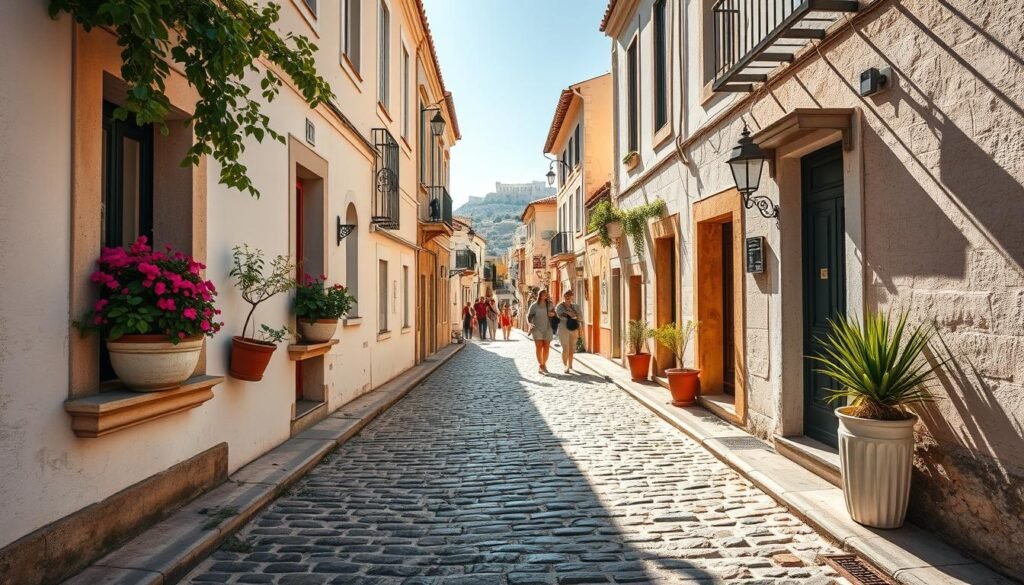 Cobblestone streets of historic Athens, Greece, under warm Mediterranean sunlight. Weathered stone pavement winds through a charming neighborhood, flanked by whitewashed buildings with terracotta roofs. Vibrant potted plants adorn window sills, casting gentle shadows. Pedestrians stroll leisurely, capturing the city's timeless atmosphere. A wide-angle lens captures the scene's depth, from the intimate foreground to the distant Acropolis silhouetted on the horizon. This immersive view evokes the sense of stepping back into antiquity, a gateway to exploring Greece's treasures.