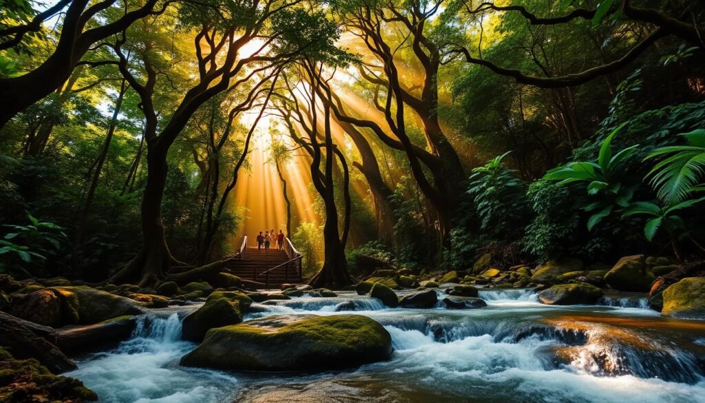 Corcovado National Park, a lush and untamed paradise on the Osa Peninsula of Costa Rica. A wide-angle lens captures the towering emerald canopy of ancient trees, their branches intertwined like a verdant cathedral. Shafts of warm, golden light pierce through the foliage, casting a magical glow upon the winding trails below. In the foreground, a rushing river cascades over moss-covered boulders, its crystalline waters reflecting the surrounding wilderness. Diverse wildlife, from colorful toucans to elusive jaguars, inhabit this primeval landscape, creating an atmosphere of primal adventure and untamed wonder.
