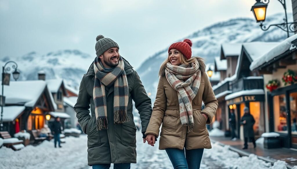 Couples winter travel: A serene snowy landscape, two people bundled up in warm coats, scarves, and hats, strolling hand-in-hand through a picturesque village. Soft natural lighting illuminates the scene, casting a cozy glow on the cobblestone streets and quaint shops. In the background, snow-capped mountains rise majestically, while a gently falling snowfall adds to the tranquil, romantic atmosphere. The couple's expressions are content and joyful, reflecting the magic of a wintertime getaway. A wide-angle lens captures the full scene, emphasizing the harmony between the couple and their enchanting surroundings. Couples winter travel: A serene snowy landscape, two people bundled up in warm coats, scarves, and hats, strolling hand-in-hand through a picturesque village. Soft natural lighting illuminates the scene, casting a cozy glow on the cobblestone streets and quaint shops. In the background, snow-capped mountains rise majestically, while a gently falling snowfall adds to the tranquil, romantic atmosphere. The couple's expressions are content and joyful, reflecting the magic of a wintertime getaway. A wide-angle lens captures the full scene, emphasizing the harmony between the couple and their enchanting surroundings.