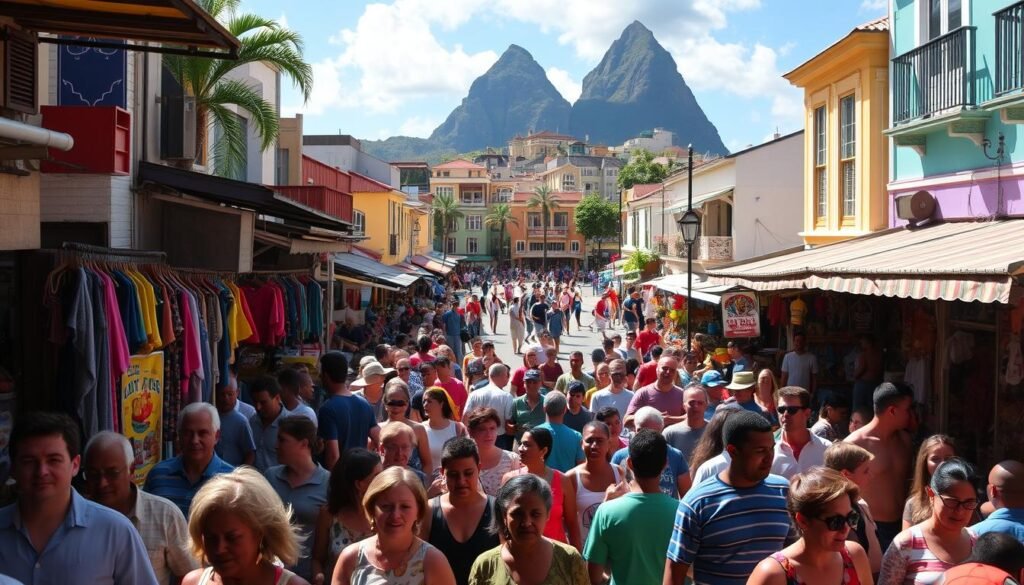 Crowds of people bustling through the vibrant streets of Castries, Saint Lucia's capital city. Sunlight filters through the colorful market stalls, illuminating the lively scene. In the foreground, a throng of locals and tourists alike navigate the narrow alleyways, their faces animated with excitement. The middle ground features a bustling town square, where street performers entertain the captivated audience. In the background, the iconic Pitons rise majestically, their verdant slopes providing a dramatic backdrop to the urban energy. The overall atmosphere conveys the energy and liveliness of Saint Lucia during its peak tourist season.