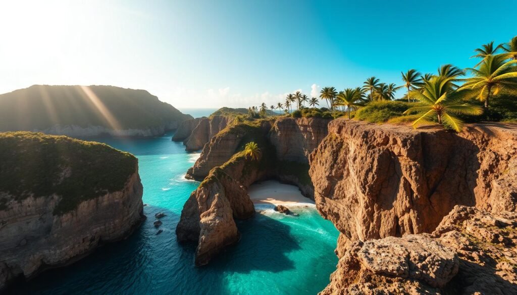 Dramatic cliffs overlooking the turquoise waters of a pristine tropical island, with lush palm trees swaying in the gentle breeze. The sun casts a warm, golden glow, illuminating the rugged coastline and casting long shadows across the rocky outcroppings. A wide-angle lens captures the sweeping vistas, showcasing the island's natural beauty and the perfect conditions for breathtaking photography. The scene exudes a sense of tranquility and adventure, inviting the viewer to imagine themselves immersed in this picturesque paradise. Dramatic cliffs overlooking the turquoise waters of a pristine tropical island, with lush palm trees swaying in the gentle breeze. The sun casts a warm, golden glow, illuminating the rugged coastline and casting long shadows across the rocky outcroppings. A wide-angle lens captures the sweeping vistas, showcasing the island's natural beauty and the perfect conditions for breathtaking photography. The scene exudes a sense of tranquility and adventure, inviting the viewer to imagine themselves immersed in this picturesque paradise.