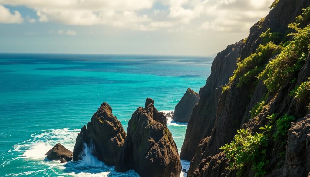 Dramatic sea cliffs rising from a pristine, turquoise ocean under a warm, golden light. In the foreground, rugged, wind-carved rock formations jut out from the crashing waves, casting dramatic shadows. The middle ground features lush, verdant foliage clinging to the cliff edges, adding pops of vibrant green. In the background, the horizon is dotted with distant islands, their silhouettes hazy under a hazy, atmospheric sky. The overall scene radiates a sense of adventure, untamed nature, and the majestic beauty of the Hawaiian Islands. Dramatic sea cliffs rising from a pristine, turquoise ocean under a warm, golden light. In the foreground, rugged, wind-carved rock formations jut out from the crashing waves, casting dramatic shadows. The middle ground features lush, verdant foliage clinging to the cliff edges, adding pops of vibrant green. In the background, the horizon is dotted with distant islands, their silhouettes hazy under a hazy, atmospheric sky. The overall scene radiates a sense of adventure, untamed nature, and the majestic beauty of the Hawaiian Islands.