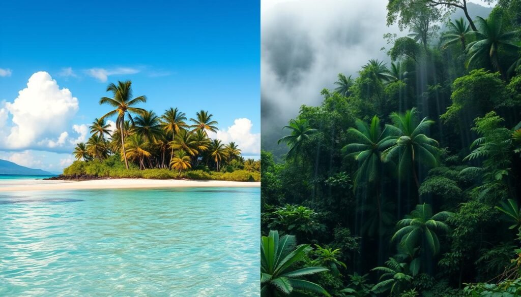 Dry season wet season Two contrasting Fiji landscapes side-by-side. On the left, a sun-drenched beach with swaying palm trees and crystal-clear turquoise waters under a bright, cloudless sky. On the right, a lush, verdant jungle teeming with tropical foliage, heavy with rainfall and dense mist shrouding the background. Vibrant colors and textures convey the dramatic seasonal shifts in Fiji's weather and environment. Realistic, detailed rendering with natural lighting and depth of field, capturing the essence of Fiji's distinct dry and wet periods. Dry season wet season Two contrasting Fiji landscapes side-by-side. On the left, a sun-drenched beach with swaying palm trees and crystal-clear turquoise waters under a bright, cloudless sky. On the right, a lush, verdant jungle teeming with tropical foliage, heavy with rainfall and dense mist shrouding the background. Vibrant colors and textures convey the dramatic seasonal shifts in Fiji's weather and environment. Realistic, detailed rendering with natural lighting and depth of field, capturing the essence of Fiji's distinct dry and wet periods.