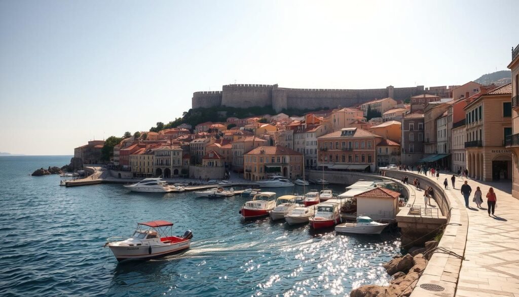 Dubrovnik's picturesque old town, nestled along the sparkling Adriatic coast, with its striking medieval walls, red-tiled roofs, and charming cobblestone streets. In the foreground, sunlight dances on the tranquil harbor, where colorful fishing boats sway gently. The middle ground reveals the iconic Stradun, the main thoroughfare lined with historic buildings and lively cafes. In the background, the imposing city walls rise up, casting dramatic shadows over the ancient city. The scene is bathed in a warm, golden glow, evoking a timeless, Mediterranean atmosphere. Captured through a wide-angle lens, this image showcases the captivating beauty and architectural splendor of Croatia's Dalmatian coast.
