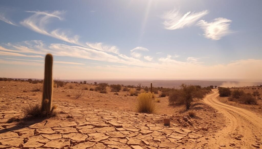 Dusty, parched landscape under a scorching sun. Cracked earth, withered vegetation, and a hazy, golden horizon. In the foreground, a solitary cactus stands sentinel, its spines casting long shadows. Wispy cirrus clouds drift lazily overhead, offering fleeting respite from the relentless heat. The middle ground reveals a winding dirt path, its edges lined with scrubby bushes and sun-bleached rocks. Distant mountains, their peaks hazy and indistinct, lend a sense of scale to the arid scene. An overall atmosphere of stillness and desolation, capturing the essence of the dry season in Peru. Dusty, parched landscape under a scorching sun. Cracked earth, withered vegetation, and a hazy, golden horizon. In the foreground, a solitary cactus stands sentinel, its spines casting long shadows. Wispy cirrus clouds drift lazily overhead, offering fleeting respite from the relentless heat. The middle ground reveals a winding dirt path, its edges lined with scrubby bushes and sun-bleached rocks. Distant mountains, their peaks hazy and indistinct, lend a sense of scale to the arid scene. An overall atmosphere of stillness and desolation, capturing the essence of the dry season in Peru.